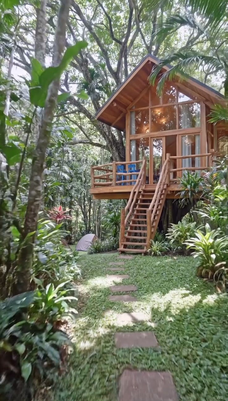 Cabaña elevada con terraza en la selva
