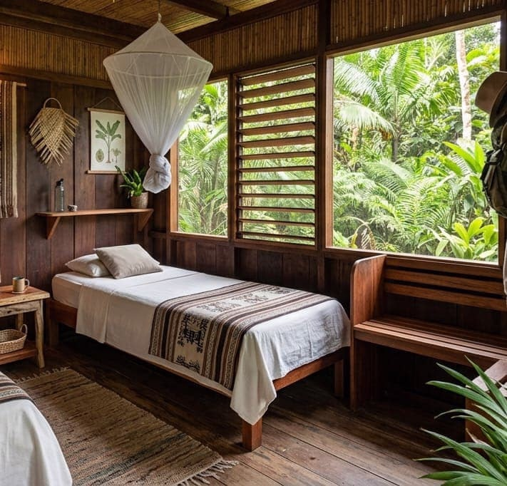 Cabaña de madera rodeada de selva amazónica